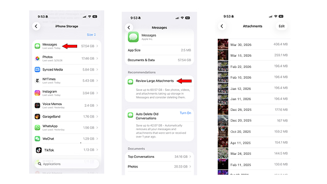 How to review large attachments on iPhone to free up storage space on the device.