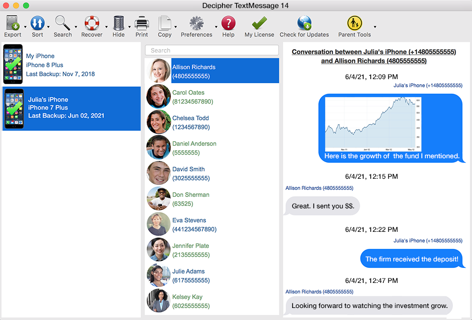 Example of how Decipher TextMessage saves text messages to computer for government agencies