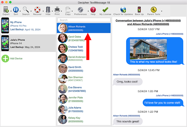 Selecting the contact that has text messages you want to print from iPhone in Decipher TextMessage.