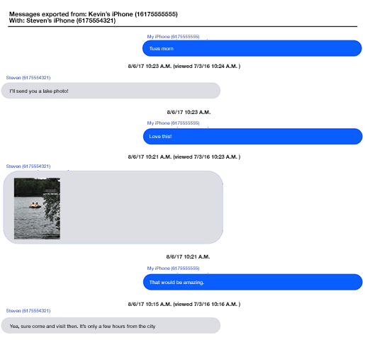 Decipher TextMessage example of how to print text messages for court in PDF format.