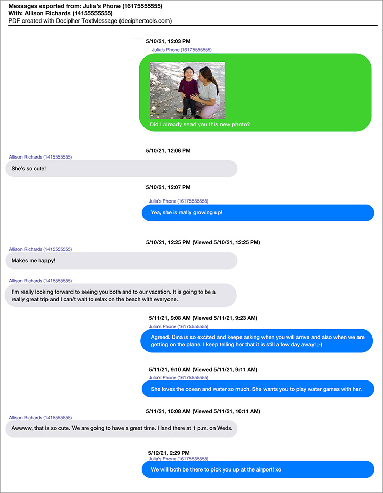 RCS, SMS, iMessages exported as PDF.