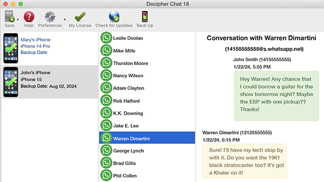 Screenshot of Decipher Chat showing available WhatsApp conversations for viewing and printing