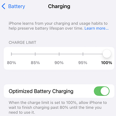 Optimized charging on iPhone to improve battery life.