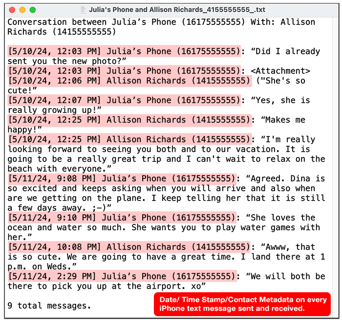 How to print text messages from iPhone with time stamp and contact on every message.