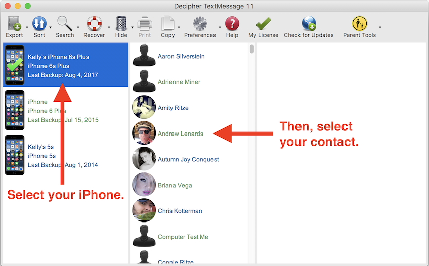 Decipher TextMessage screenshot with instructions: Select your iPhone. Then, select your contact.