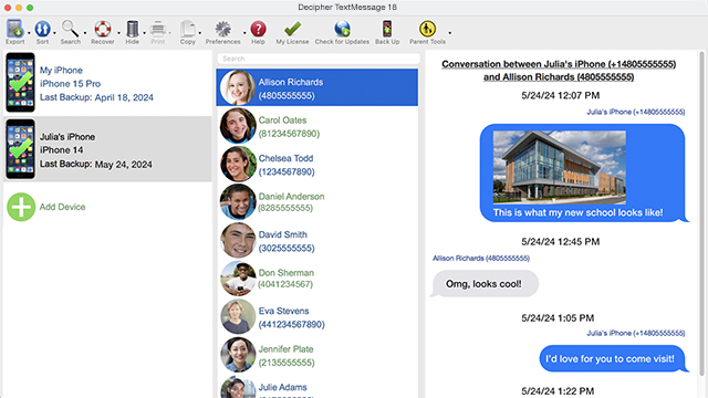 Decipher TextMessage imports and displays text messages from iPhone for preservation and printing.