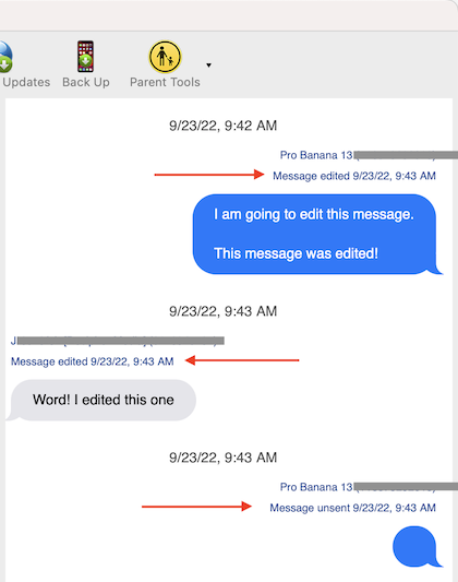 Unsent and edited iPhone messages displaying in Decipher TextMessage with labels.