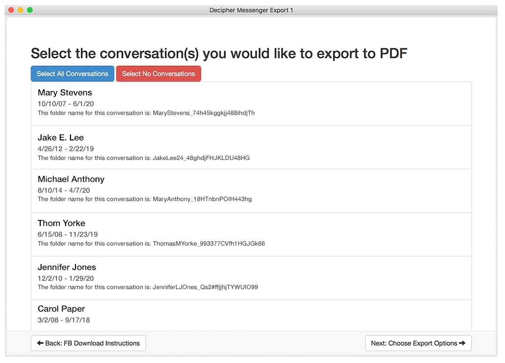 Screenshot of Decipher Messenger Export for Windows PC saving Facebook Messenger messages to PDF.