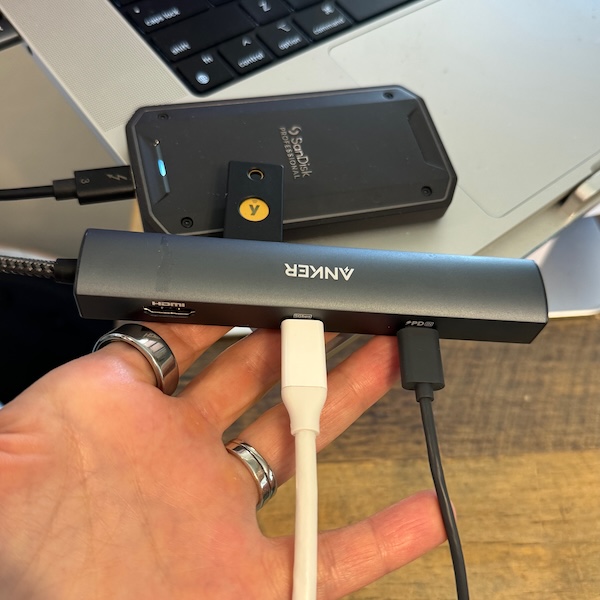 My Anker 6-in-1 USB C Hub in use on my MacBook Pro.